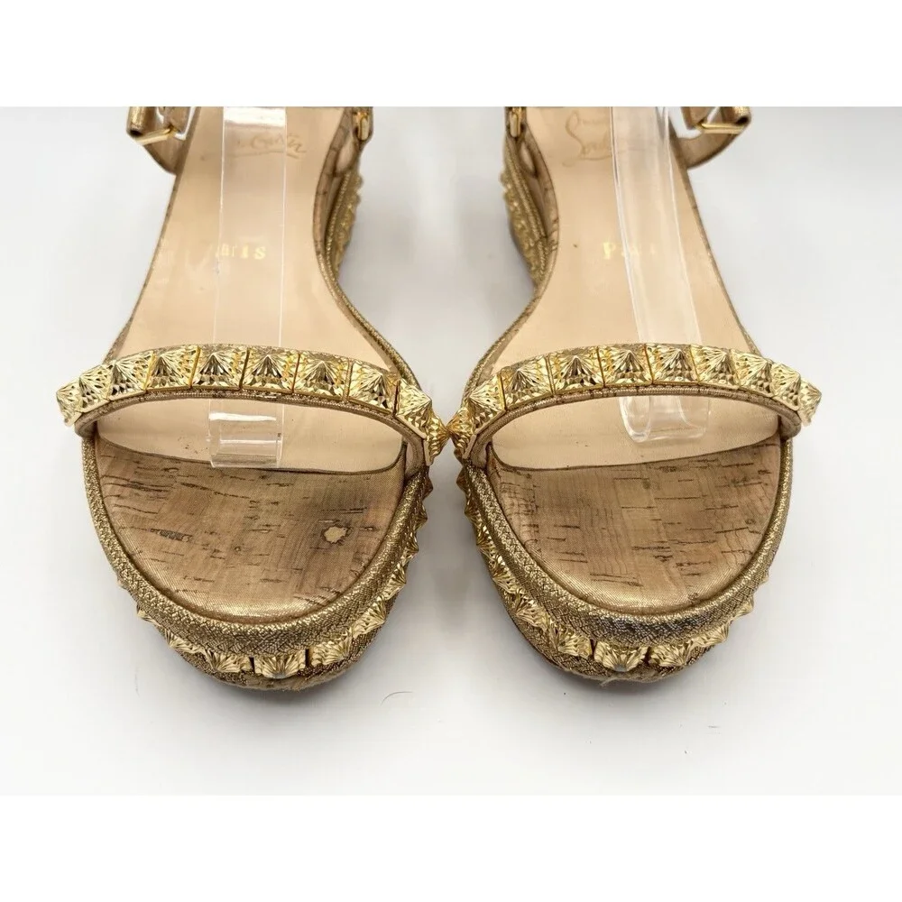 Christian Louboutin Gold Pyraclou 60 Spike Cork Wedge Espadrilles Size EU 38